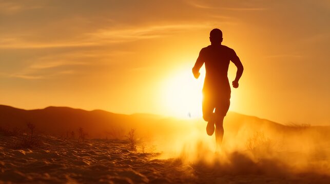 Endurance Runner in Golden Hour: A silhouette of a determined runner, silhouetted against a radiant setting sun, embodies perseverance and the pursuit of goals.