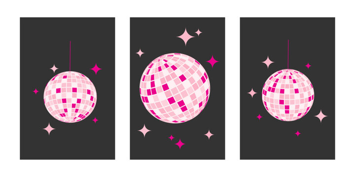 Set of vertical posters with pink discoballs and glitter shapes on dark background. Nightclub decoration. Retro music party design. Nightlife discotheque wallpapers. Vector flat illustration