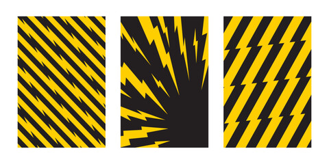 Set of vertical posters with thunder bolt effect. Yellow lightning shapes on black background. Wallpapers with manga style print. Flash electric light patterns. Vector flat illustration