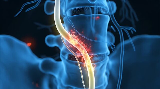 Close Up Human Spinal Cord Nerve Impingement and Inflammation Medical Animation Glowing Red and Yellow on Blue X Ray Skeleton Background