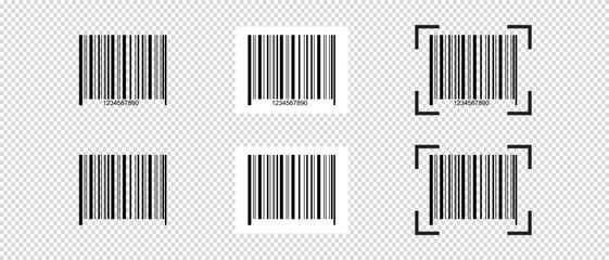Obraz premium Set of empty barcode tags with scanner frames. Bar code labels isolated on transparent background. Stickers with visual presentation of digital data information. Vector graphic illustration