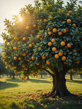 Majestic Orange Tree Laden with Sunlit Fruit in Tranquil Orchard