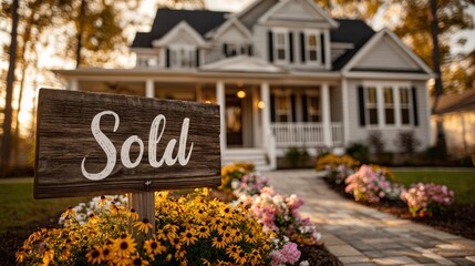 A "Sold" sign in front of a charming, light-gray house.  Sunlight filters through trees