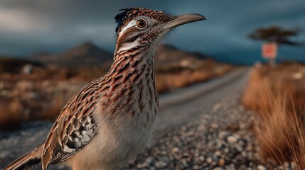 Close-up of a Greater Roadrunner on a Gravel Road