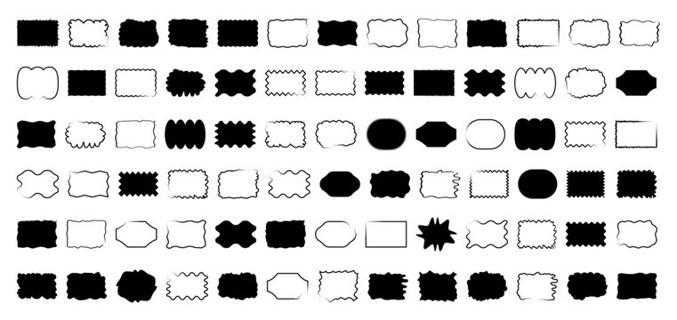 Set of monochrome black wavy speech bubbles. Irregular chat contours and message shapes for comic panels, dialogue strips and conversation graphics. Mixed bubble silhouettes vector illustration.