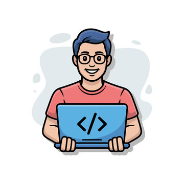 A cartoon man holding a laptop with a code symbol on the screen, smiling and wearing glasses and a red shirt.