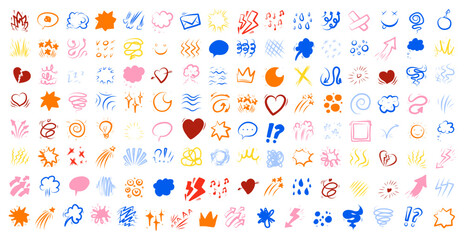 Color comic effect and kawaii emotion elements. Hand drawn doodle icons dynamic manga speed lines, bursts speech bubbles cute hearts, clouds faces for playful anime scenes, social media illustrations © Vectoressa