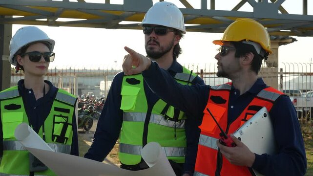 Civil engineering contractors analyzing architectural blueprints at heavy infrastructure site. Technical project manager pointing towards structural development zone.