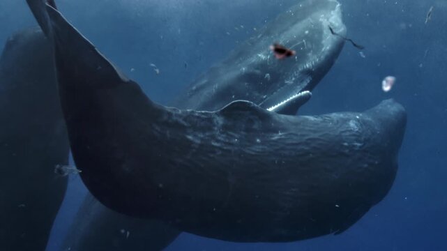 Underwater view of Sperm Whale group socialization. Wildlife marine mammal animals. Many whales play with each other, dancing clicking rubbing. Giant aquatic animals in deep blue water of Indian Ocean