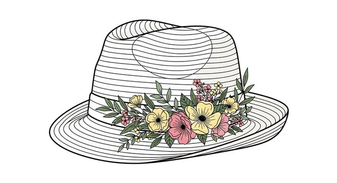 Floral Embellished Straw Hat Illustration.