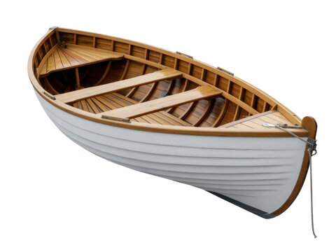 Small white and brown wooden boat on white background isolated on a transparent background