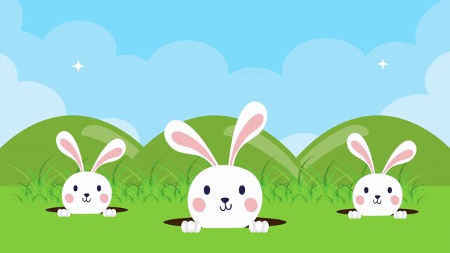 happy easter animated card with rabbits in the camp.