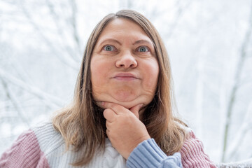 Closeup female double chin and neck fat, obesity overweight condition, aesthetic problem requiring...