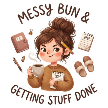 Cute hand-drawn illustration of a smiling woman with a messy bun holding a coffee and a to-do notepad, surrounded by slippers, stationery and the phrase "Messy Bun & Getting Stuff Done"