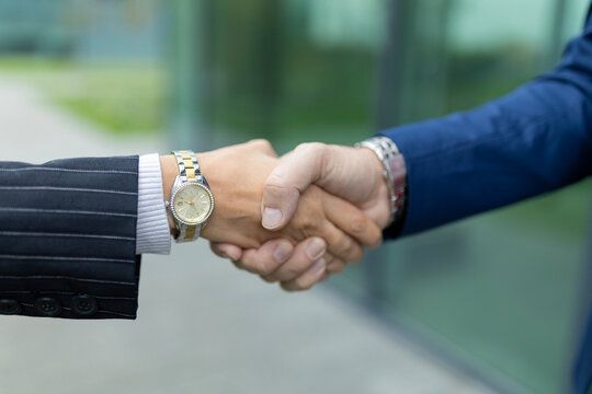 Business professionals shaking hands completing successful agreement