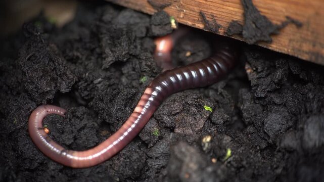 A red wiggler worm burrows into rich, dark soil for soil enrichment near a wooden plank in a natural, earthy setting.