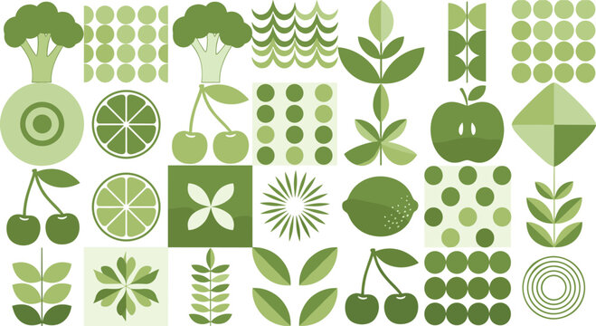 Abstract Flat Vector Illustration Set of Green Nature Elements Featuring Fruits, Vegetables, Leaves, and Geometric Patterns for Eco-Friendly Branding and Sustainable Design