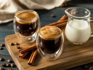 Three glasses of coffee with cinnamon sticks and a pitcher of milk on a wooden board.