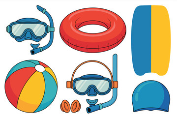 Cartoon swimming and snorkeling equipment set, colorful underwater gear including mask, fins, snorkel and swim accessories on white background. © Khoteza