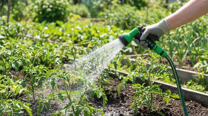 Obraz premium Watering Vegetable Garden with Hose Spray. Gardener watering young vegetable plants with hose nozzle in sunny backyard garden, illustrating irrigation, plant care and sustainable home farming.