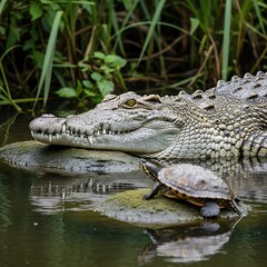 Fototapeta premium Crocodile and Turtle in Swampy Waters.