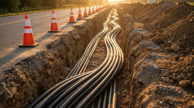 Underground Cable Installation Along Road Construction. Black utility cables laid in an open trench beside a highway with traffic cones, infrastructure upgrade at sunset construction site.
