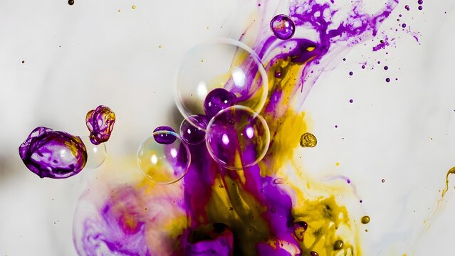 Abstract dynamic background with floating purple and gold bubbles in liquid