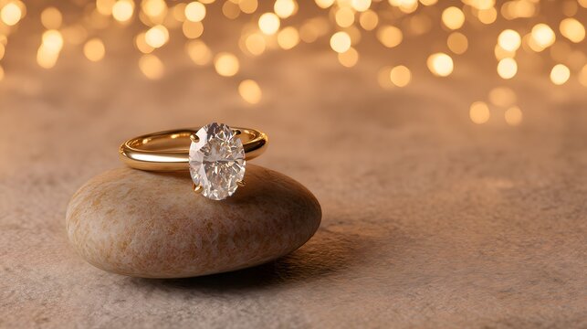 A Radiant Promise: A stunning engagement ring rests elegantly atop a smooth stone, capturing the light in a display of love and commitment. The shimmering diamond glitters against a backdrop of soft.