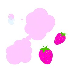 Whimsical illustration of pink strawberries, bubbles, and cloud-like speech bubbles on white