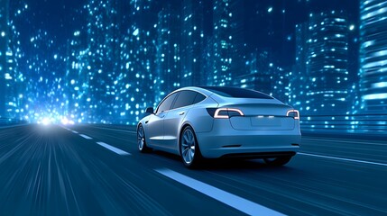 Fototapeta premium Electric Vehicle on the Highway: A futuristic electric vehicle cruises along a sleek highway, illuminated by the city lights and streaming data.