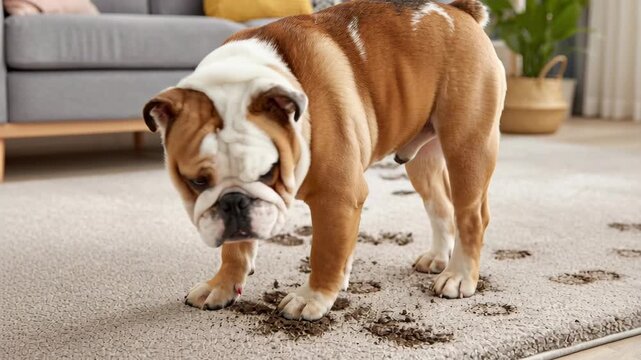 An English bulldog walks across a clean beige carpet, leaving a trail of muddy paw prints.