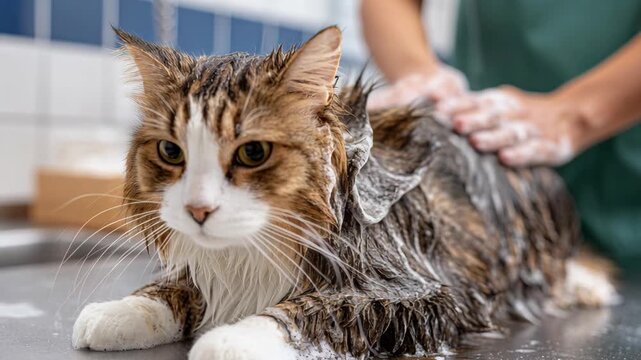 A fluffy cat receives a thorough bath from a professional groomer in a clean sink setting.