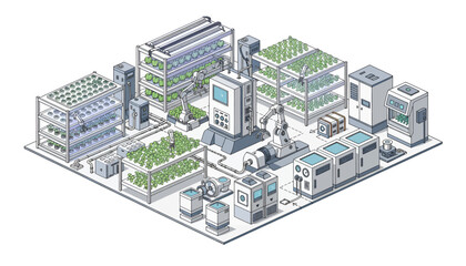 Isometric illustration of a futuristic industrial complex with green roofs and advanced machinery.