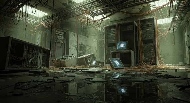 Dilapidated digital facility displays widespread electronic equipment destruction and decay