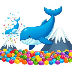 Whimsical illustration of two cartoon whales surrounded by colorful candies and mountains