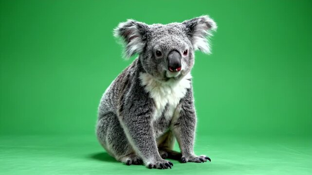 Full body portrait of a koala sitting on an isolated green screen background with soft studio lighting and sharp focus on its fur texture and facial