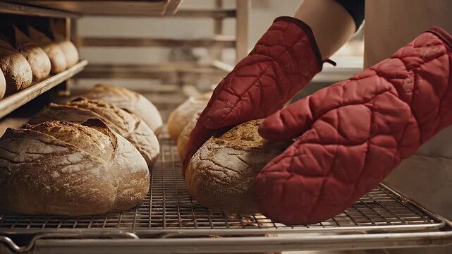 Freshly Baked Sourdough Bread Cooling on Racks with Gentle Steam Rising in a Warm Bakery Kitchen Environment