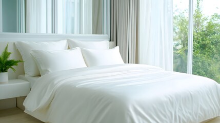 Cozy Bedroom: A serene bedroom setting. Featuring a luxuriously made bed, with soft, white linens, pillows, and a bright window looking out onto a beautiful green landscape.