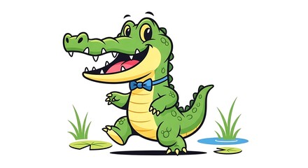 Fototapeta premium Cartoon Alligator Running with Bow Tie.