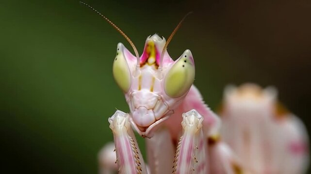 Orchid Mantis in Close-up: An exquisite orchid mantis showcases its unique beauty with a captivating close-up portrait, revealing delicate details and vibrant colors against a blurred backdrop.