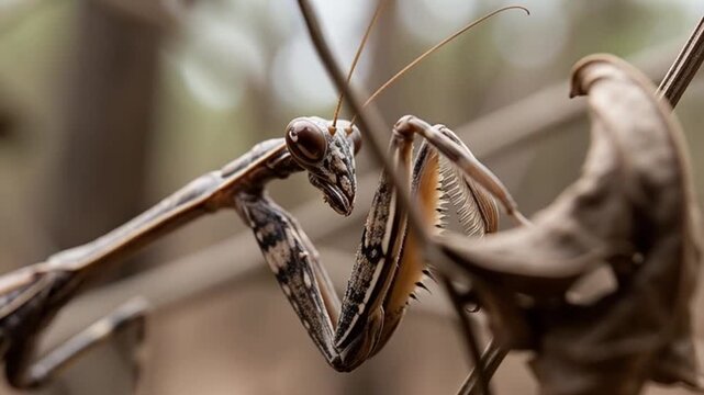 Mysterious Encounter: A close-up portrait of a praying mantis, its intricate details and unique features captured against a backdrop of natural elements. 