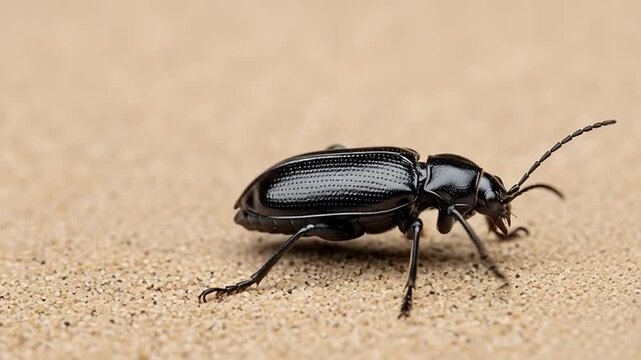 Shiny Beetle on Sand: A detailed macro shot reveals a sleek, black beetle gracefully navigating a sandy environment, showcasing its intricate exoskeleton and delicate antennae. 