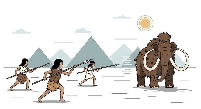 Prehistoric Hunters Attacking Woolly Mammoth Illustration.