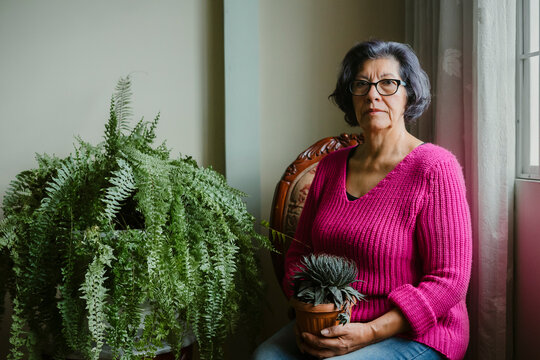 Senior woman holding potted plant sitting next to fern at home