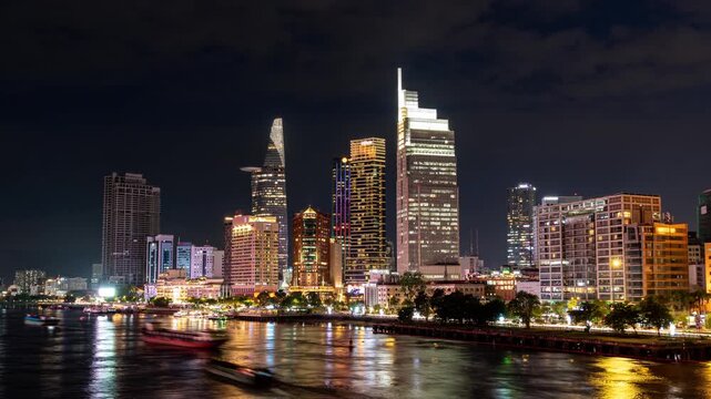 Ho Chi Minh City, Vietnam, June 23, 2025: Night Timelapse view of the Business District of Ho Chi Minh City (Saigon) in Vietnam. time lapse video.