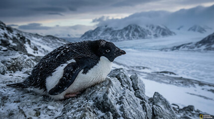 Obraz premium An Adélie penguin resting on a snow-dusted rocky outcrop in the dramatic icy landscape of Antarctica.