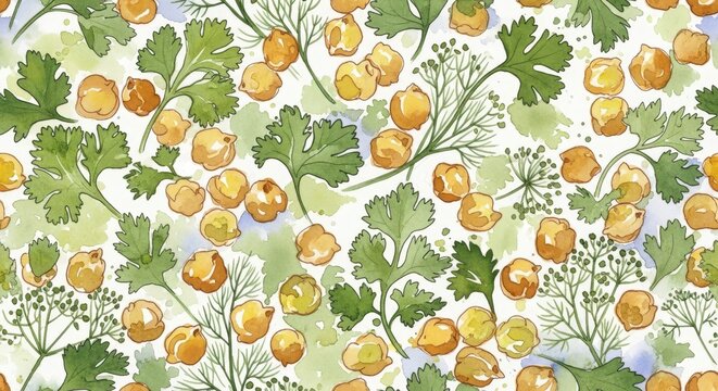 Watercolor style pattern features scattered golden legumes and vibrant green herb foliage on a light background