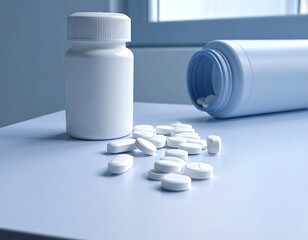 White pills spill from a bottle, with another bottle closed, on a pale blue surface, near window