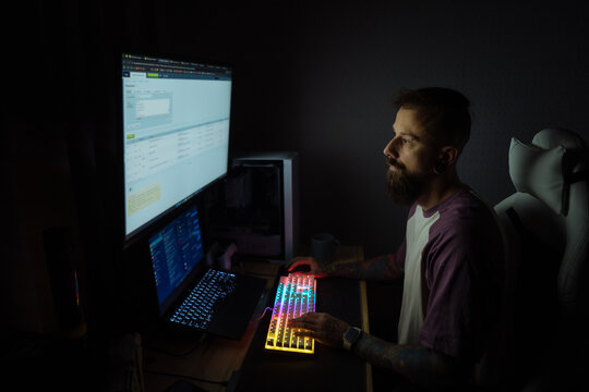 Creative man coding alone at night