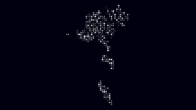 Faeroe Islands map animation. Shape of the country with pulsating colored dots. Small size rounded square blocks. Digital style Faeroe Islands map on dark background. Vibrant video.